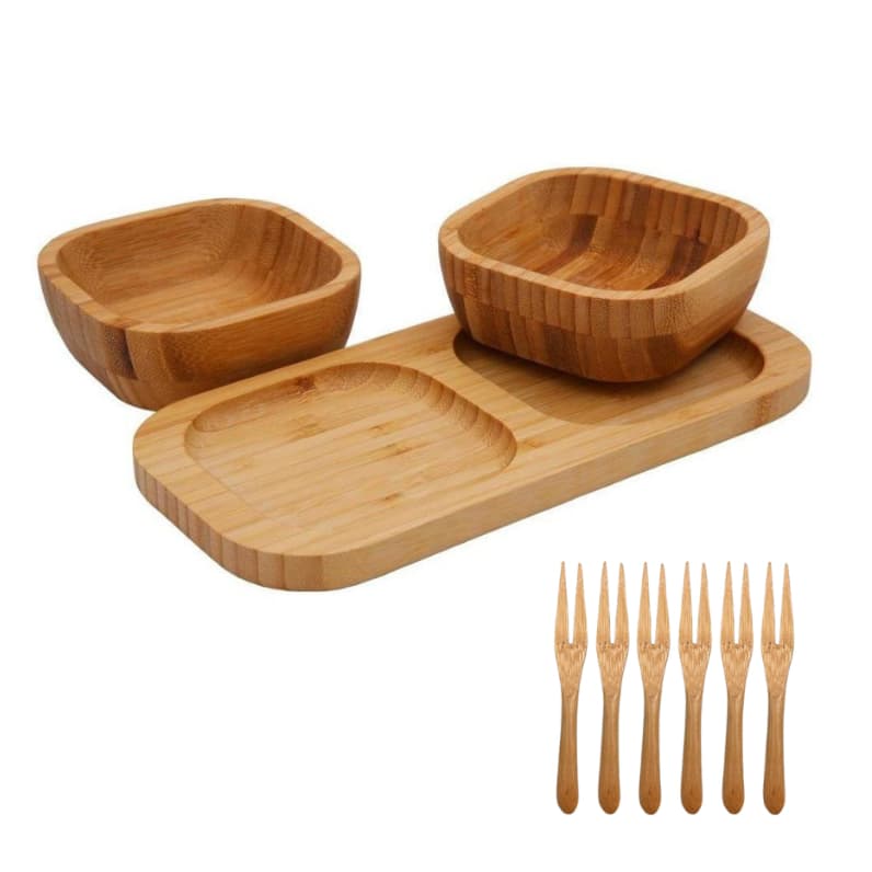 Kit Bandeja Petisqueira 2 Bowl Conjunto 6 Garfinhos Bambu