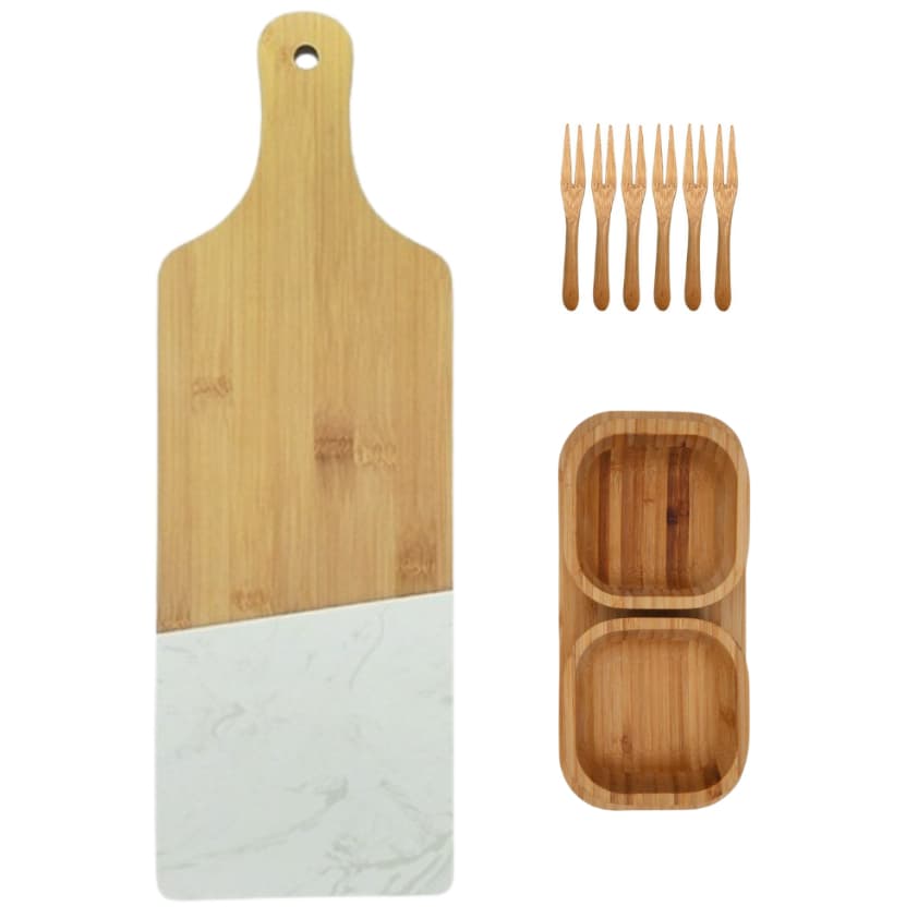 Kit Petisqueira 2 Bowl Tábua Mármore 6 Garfinhos Bambu Luxo