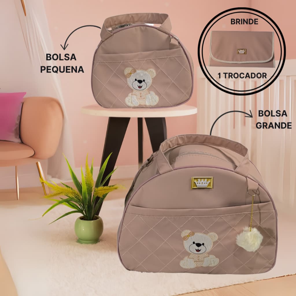 Kit Bolsa Maternidade 2 Peças Redonda nude urso  + Mimo Moyses Baby