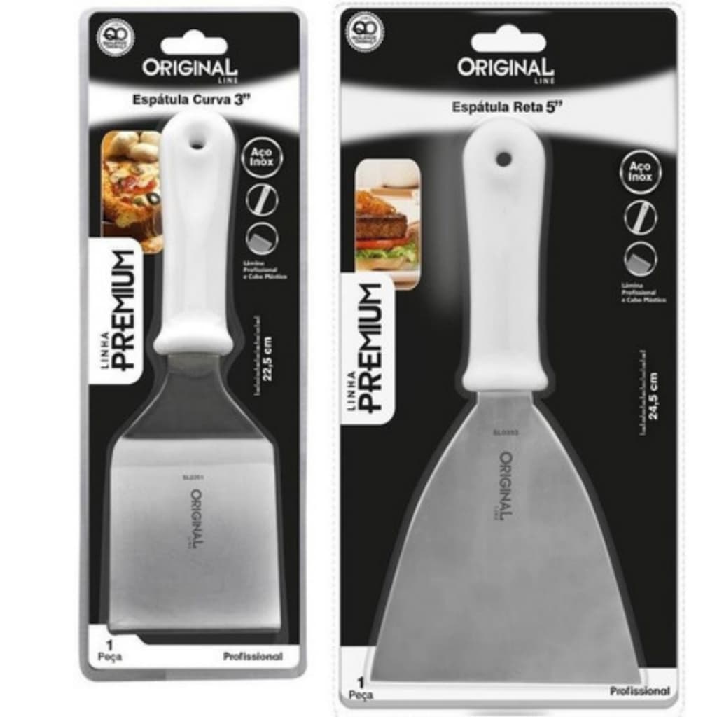 Kit Espátula Reta Curva Churrasco Chapa Lanche Pizza Inox Profissional