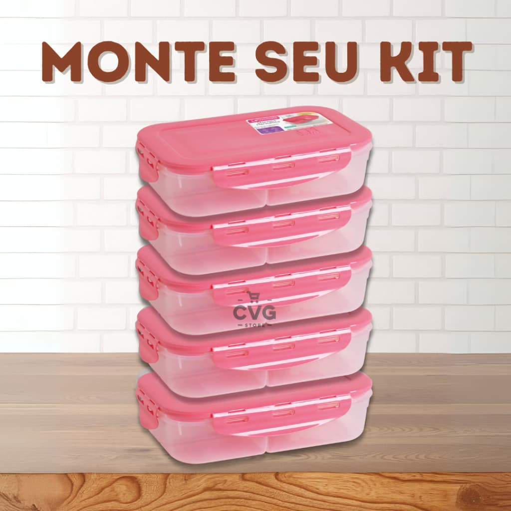Kit 3, 4, 5 e 10 Marmita Hermética Fitness de 1L com divisórias e Tampa Colorida LP House