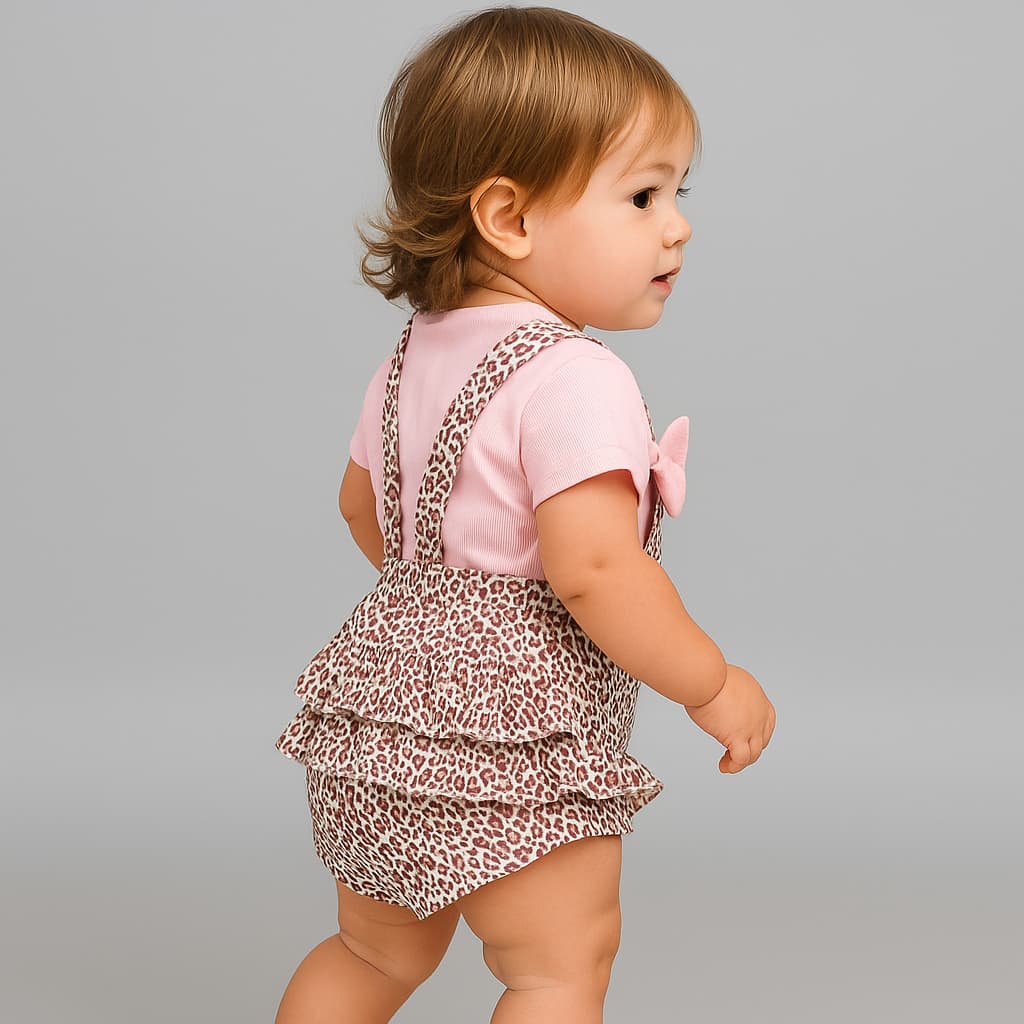 Conjunto Romper Bebê Modinha Oncinha Laço e Babado Jardineira + Blusinha Canelada Verão