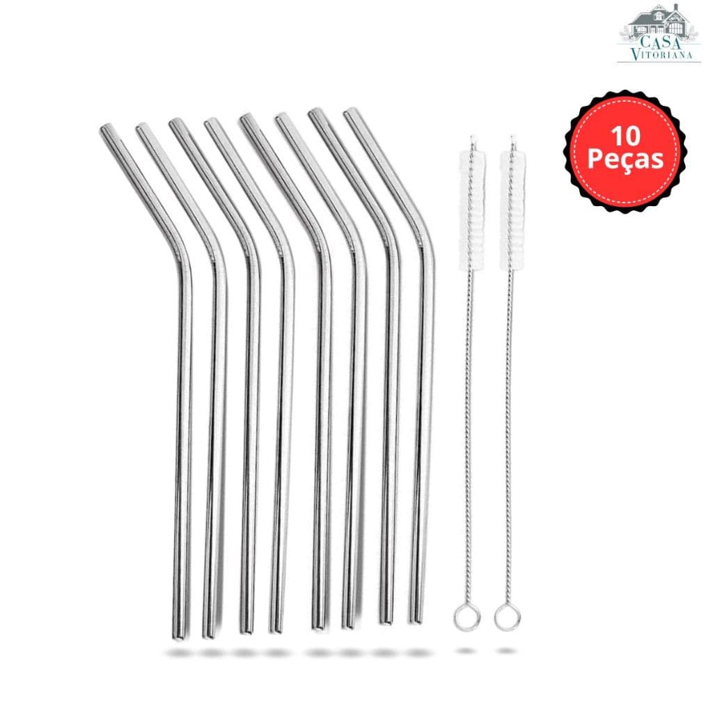 Kit Canudo Inox Reutilizável Ecológico Curvo 8 Unidades + 2 Escovas de Limpeza Durável Fácil Limpeza