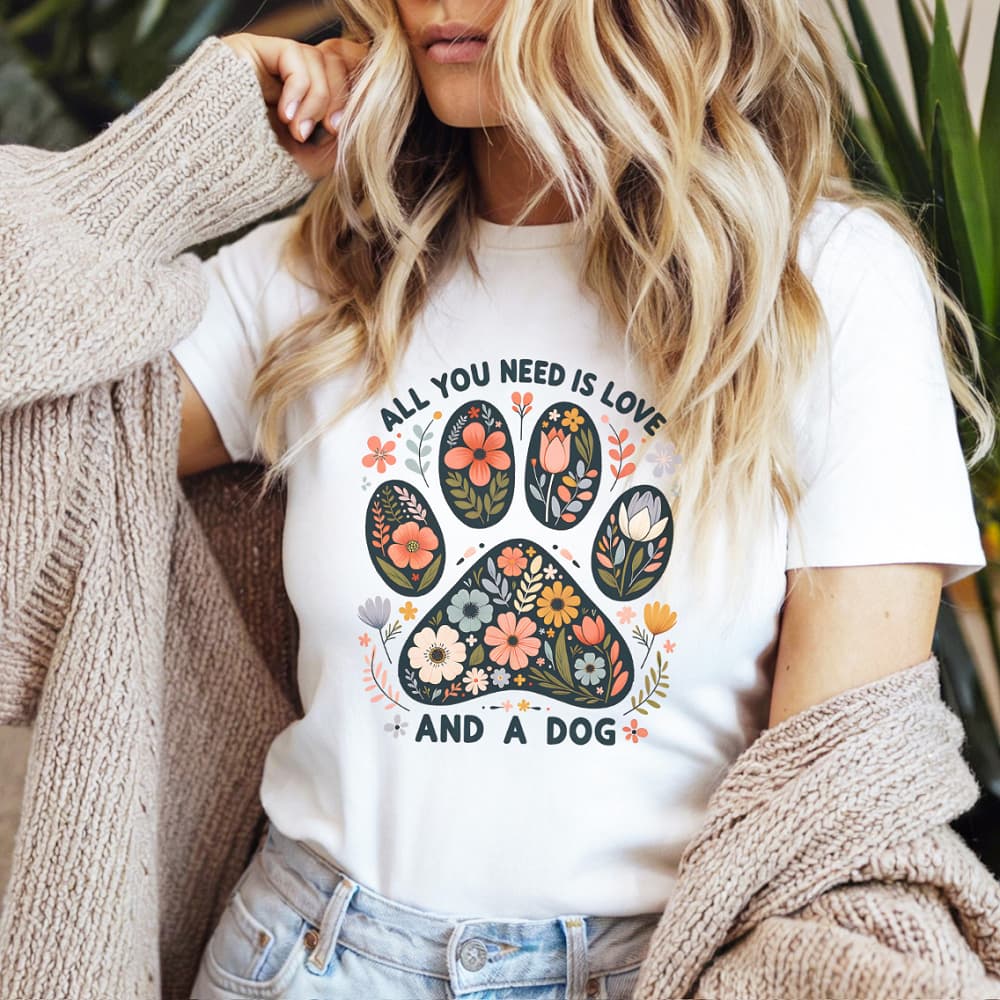 Camiseta T-shirt Feminina Algodão Gola Redonda Estampa Pet Floral Pata Love & Dog Estilosa Tumblr