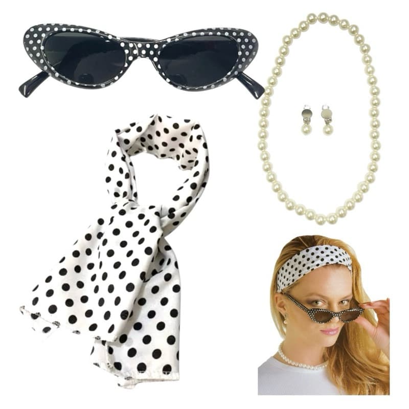 Kit Anos 50 E 60 Fantasia 4 Peças Adulto Cosplay Colar Oculos Brinco