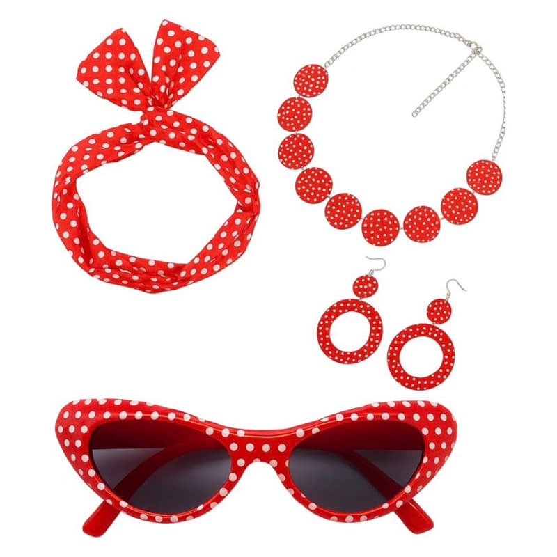 Kit Anos 50 E 60 Fantasia 4 Pç Adulto, Cosplay Oculos Colar Brinco