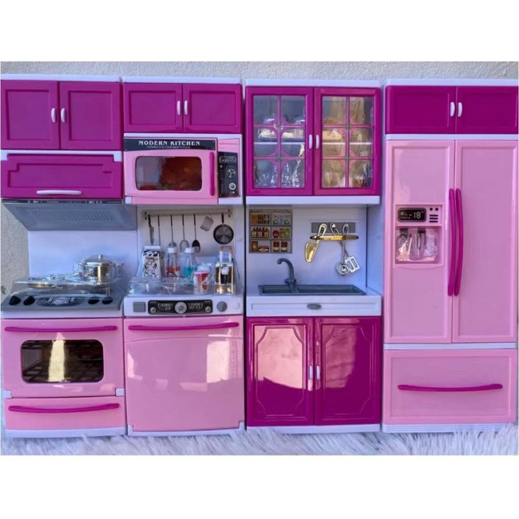 Kit Cozinha Infantil  Geladeira Fogao Armarios Micro Ondas e Utensilios Cozinha Princesa