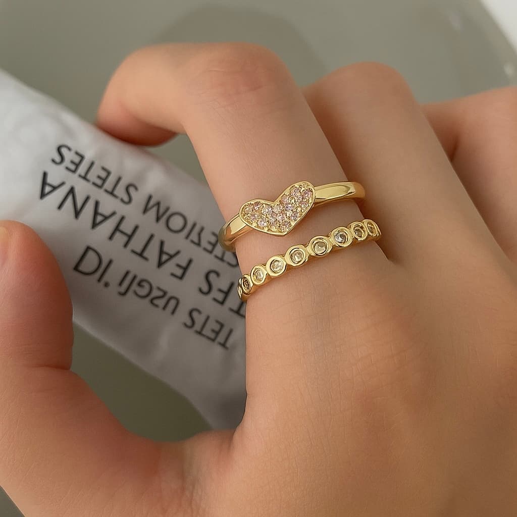 2 peças de anéis femininos de coração elegantes e simples, design de nicho de luxo com Ouro 18k Prata 925