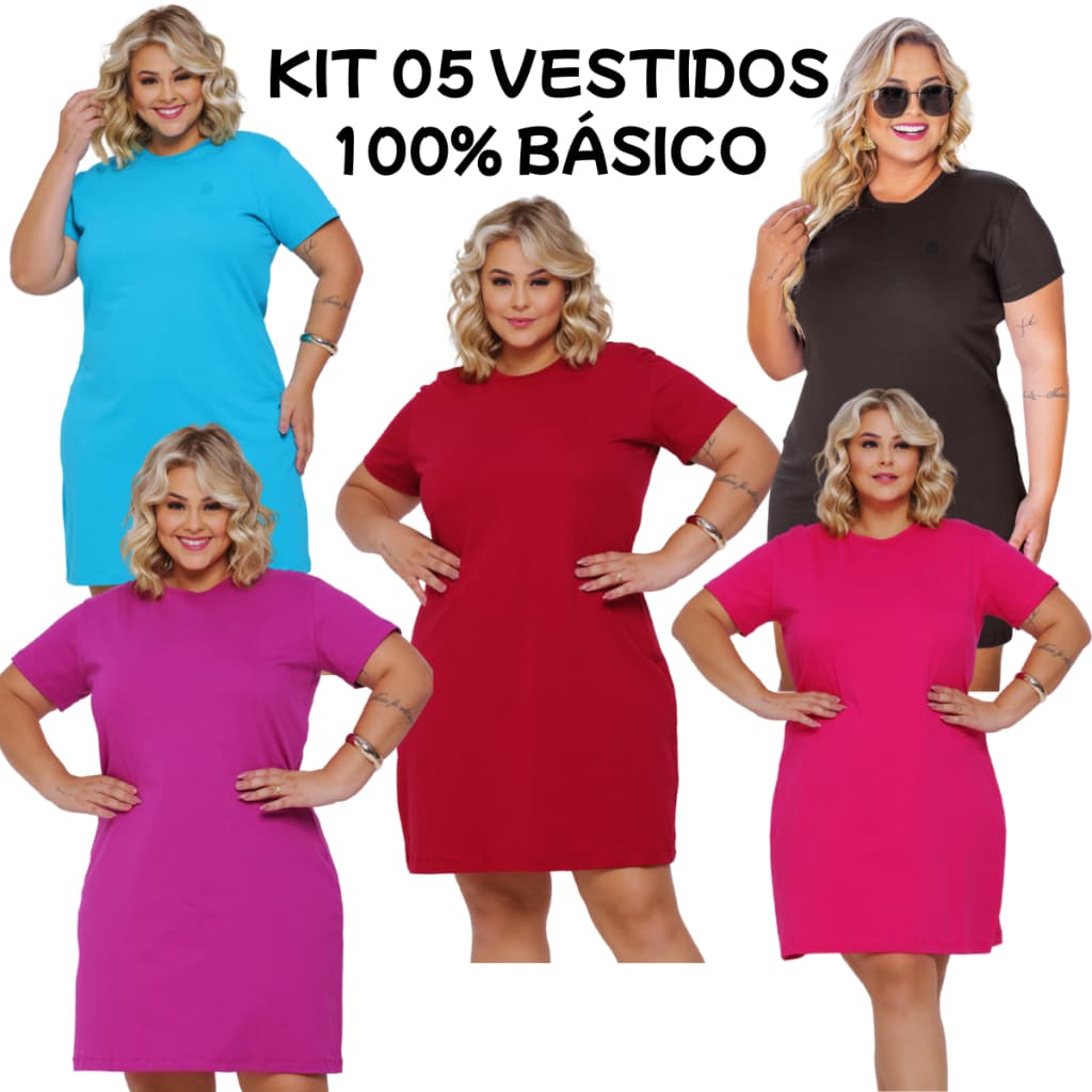 Kit 05 Vestido Feminino Básico Algodão Vestido Confortável Dia a Dia Camisetão Academia Despojado