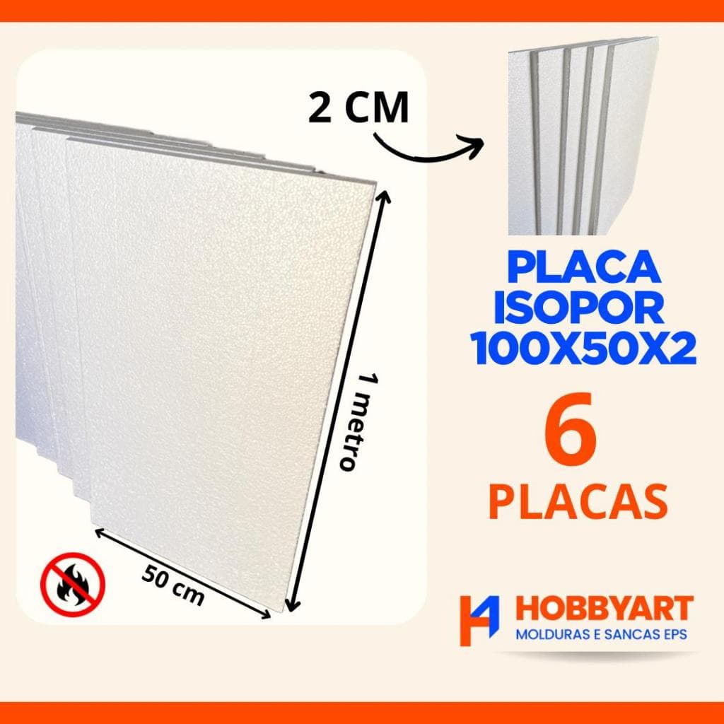 Placa Isopor Kit 6 Placas eps 100X50X2 - Material leve e versátil antichamas - Hobbyart Molduras