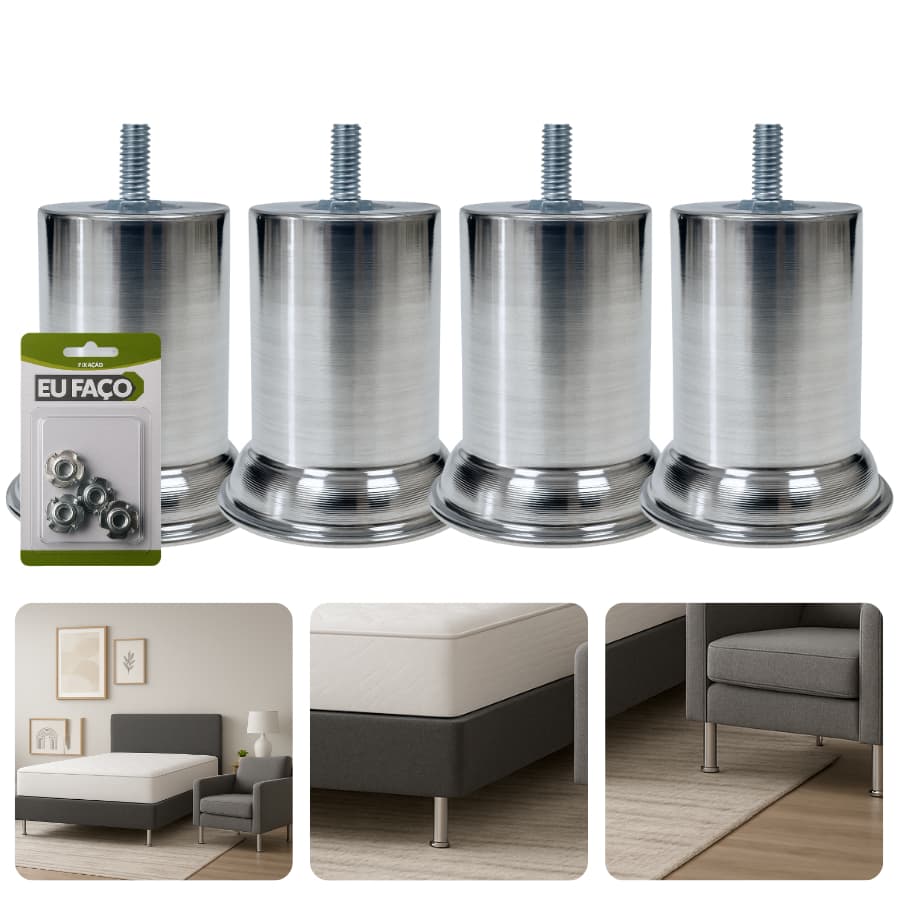 Kit Com 4 Pés Alumínio Concreto Móveis Pesados Estofados Cama Box 8cm Forte Resistente
