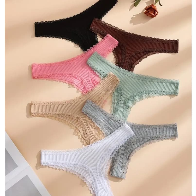 5 Calcinhas em Algodão Canelado Fio Dental com Renda Conforto e Sensualidade Moda Íntima Feminina
