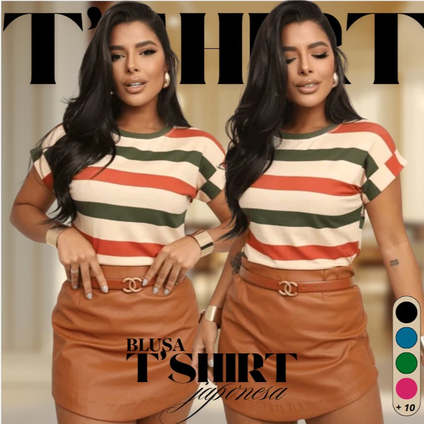 Blusa Femenina Listrada T-shirt   Manga Japonesa Doblada Tendencia 2026 Coores Verao Imverno  Viscolycra Premium