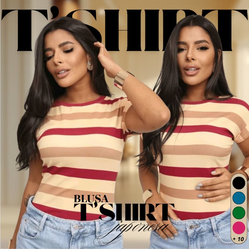 Blusa T-shirt Listrada Bicolor Manga Curta Doblada Cores Verao Inverno Tendencia 2025 Viscolycra Premium