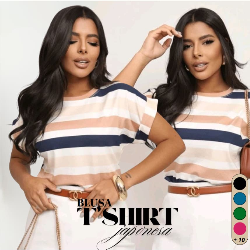Blusa Femenina T-shirt Listrada Bicolor Manga Curta Doblada Cores Verao Inverno Tendencia 2026 Viscolycra Premium