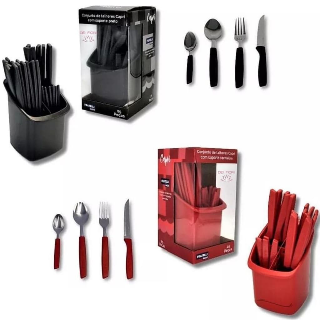 Conjunto 24 Talheres Inox Capri Cabo Plástico com Suporte Super Premium Jogo de Talheres Faqueiro