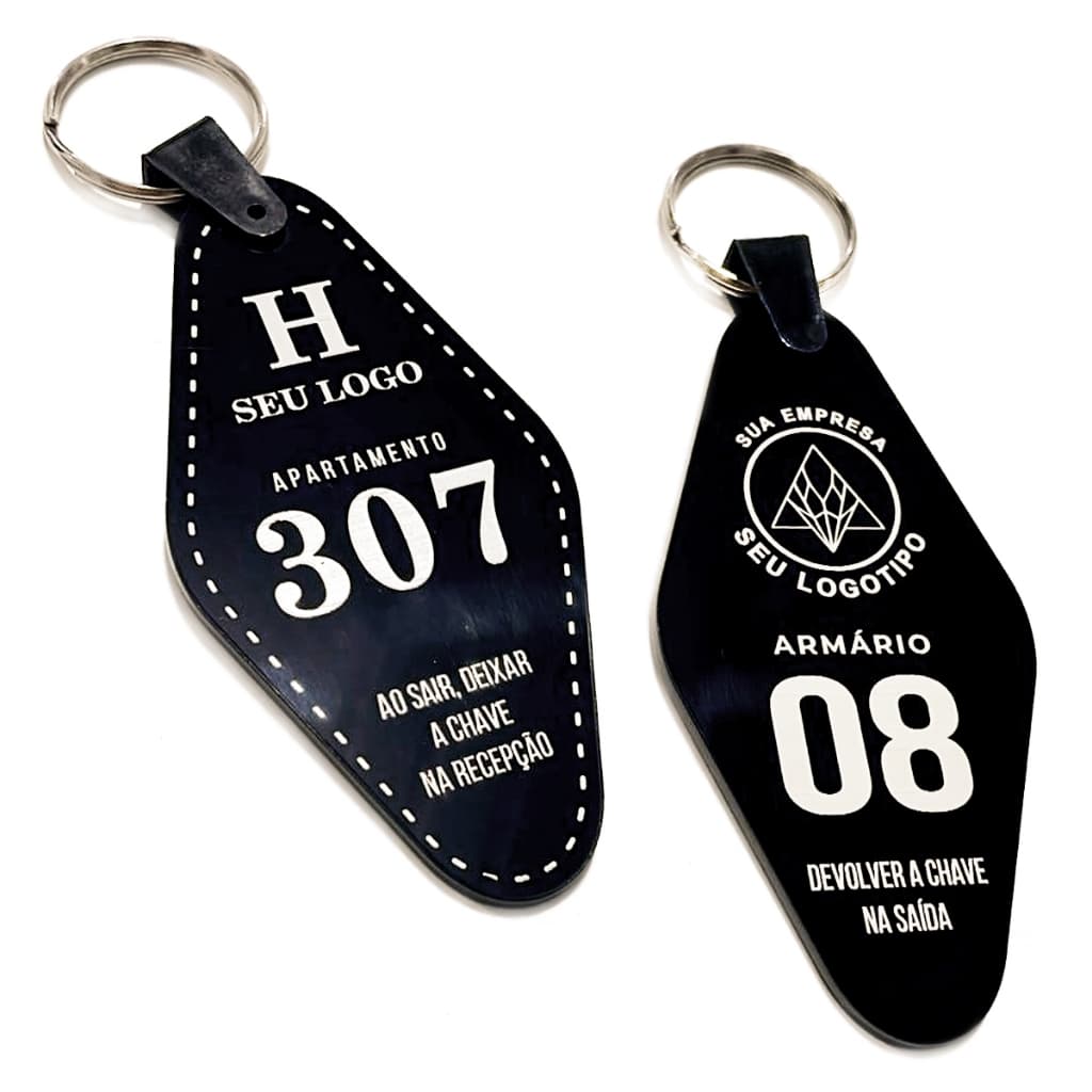 chaveiro personalizado acrílico preto gravado laser branco. Hotel, Pousada, Armários, brindes. 10un
