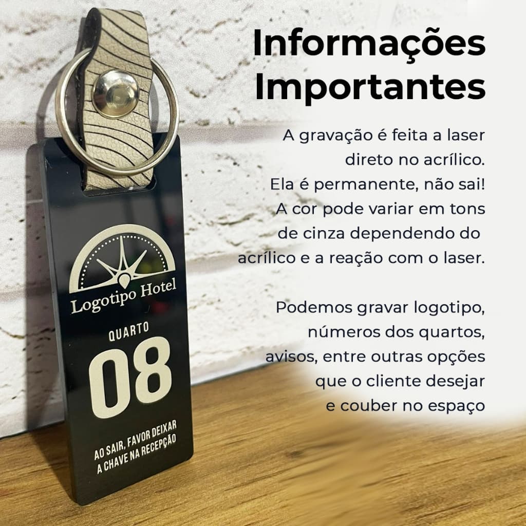 Chaveiro Personalizado Hotel Pousada Escola Amrmário em Acrilico preto e alça de couro. 10un