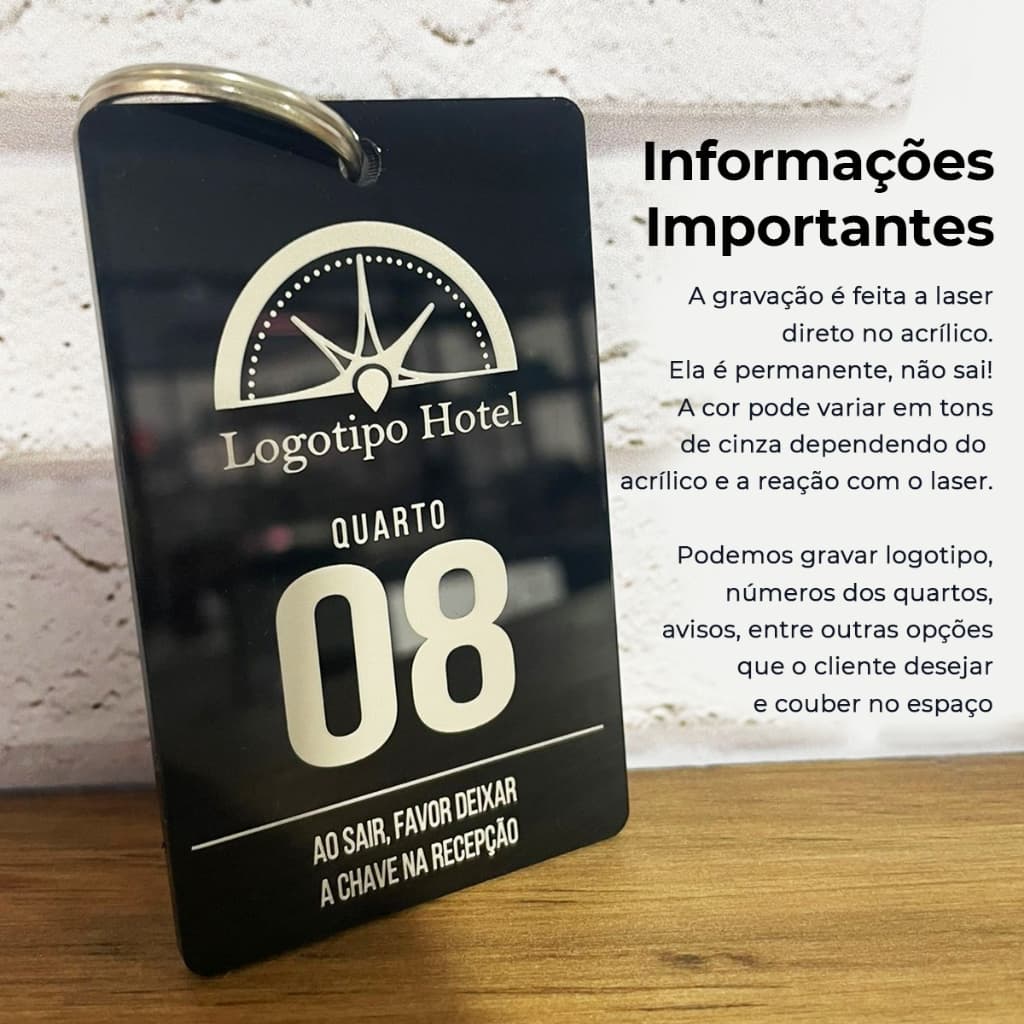 10 Chaveiros Acrílico Preto Personalizado Hotel Pousada Motel Escola Armário Chaves - Seu Logotipo