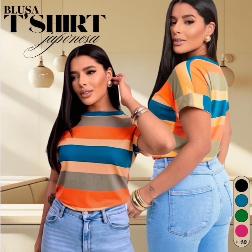 Blusa Femenina T-shirt Listrada, lisa Manga Curta Doblada  Tendencia 2026 Viscolycra Premium Cores Verao Imverno