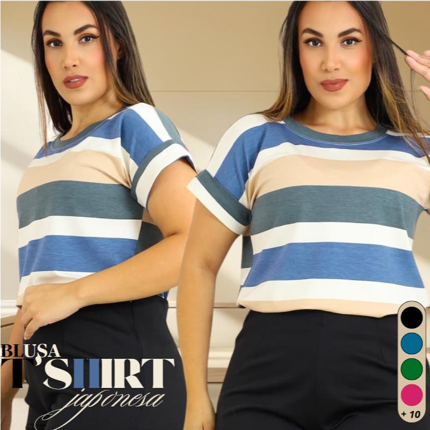 Blusa T-shirt Listrada Bicolor Manga Curta Doblada Cores Verao Inverno Tendencia 2025 Viscolycra Premium