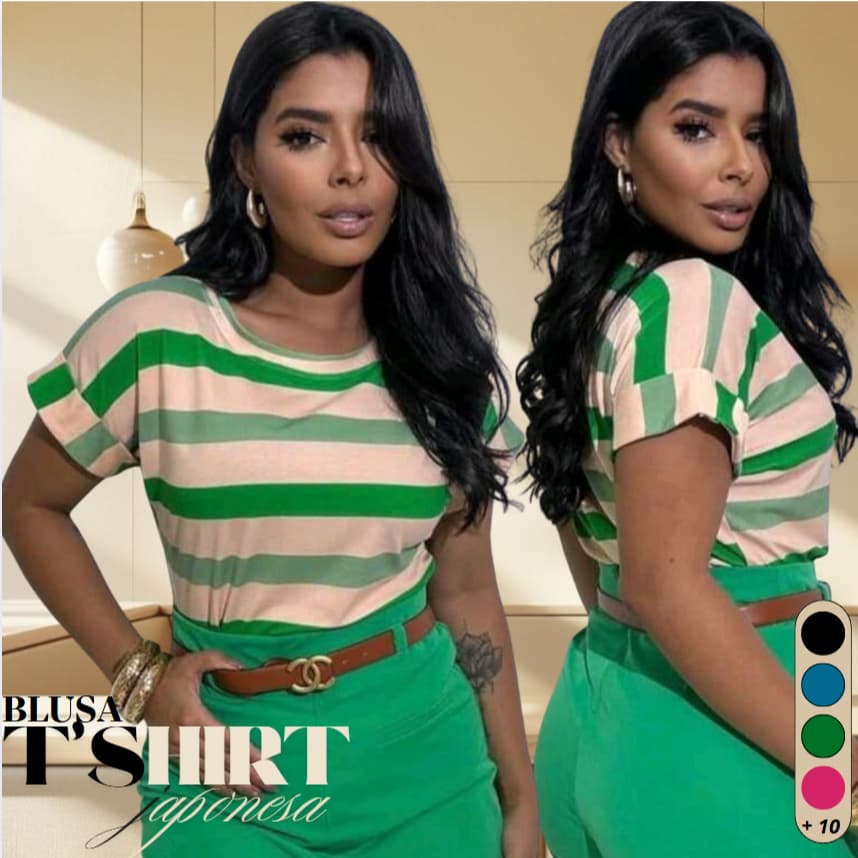 Blusa T-shirt Listrada Bicolor Manga Curta Doblada Cores Verao Inverno Tendencia 2025 Viscolycra Premium