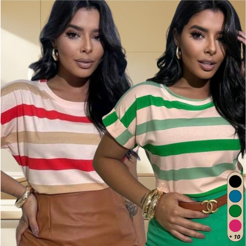 Blusa T-shirt Listrada Bicolor Manga Curta Doblada Cores Verao Inverno Tendencia 2025 Viscolycra Premium