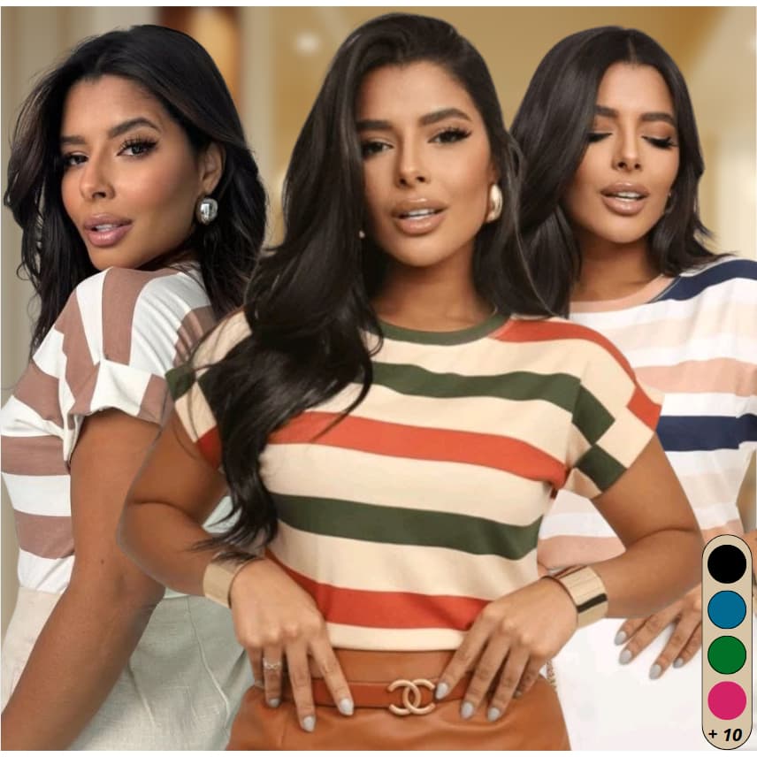 Blusa T-shirt Listrada Bicolor Manga Curta Doblada Cores Verao Inverno Tendencia 2025 Viscolycra Premium