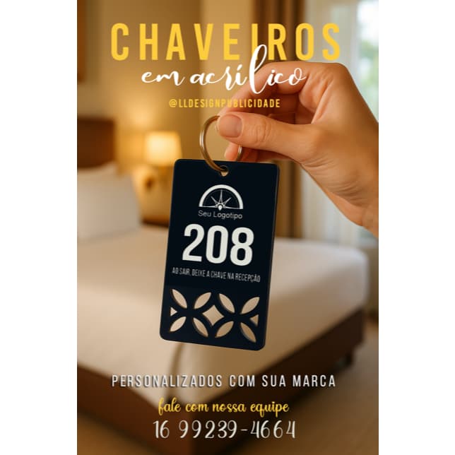 Chaveiro Personalizado com sua marca de Hotel Pousada Escola hostel em Acrilico preto 10un