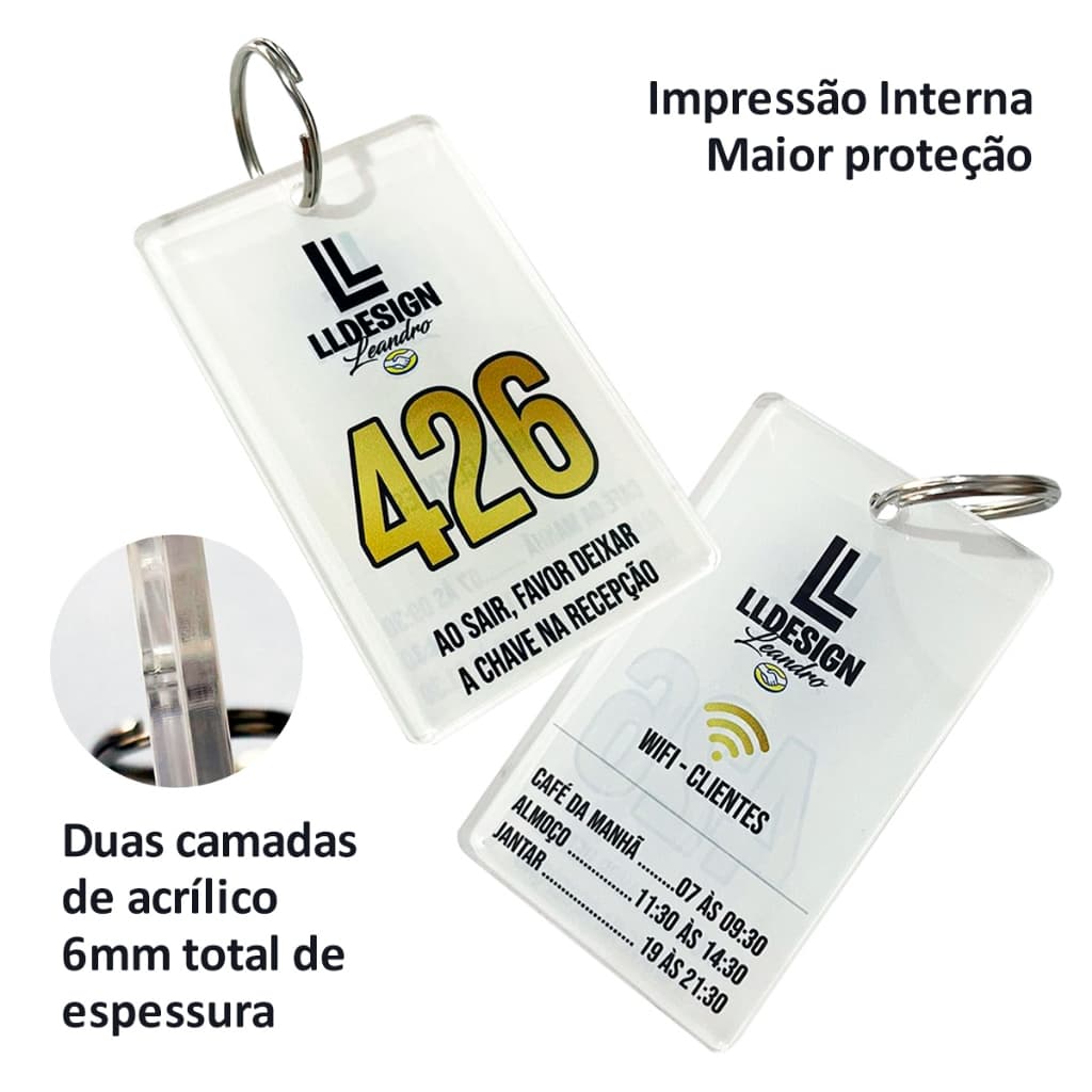 Chaveiro Personalizado Acrílico gravação colorida frente e verso pousada, hotel, escola 10un 5x8cm