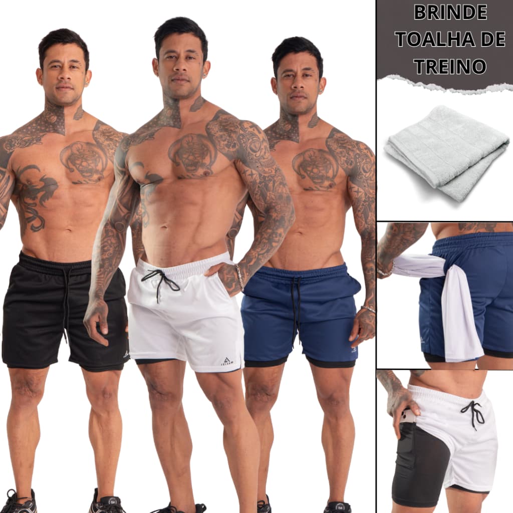 Kit 3 short duplo 2 em 1 compressão para academia treino fitness bolso interno para celular RUN UV+