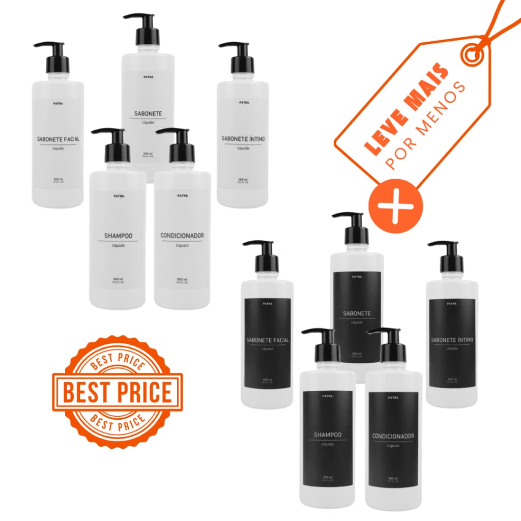 2 Kits Banho Frasco Branco 5pçs Shampoo Condicionador Sabonete líquido Sabonete íntimo e Sabonete facial Dispenser Cil.