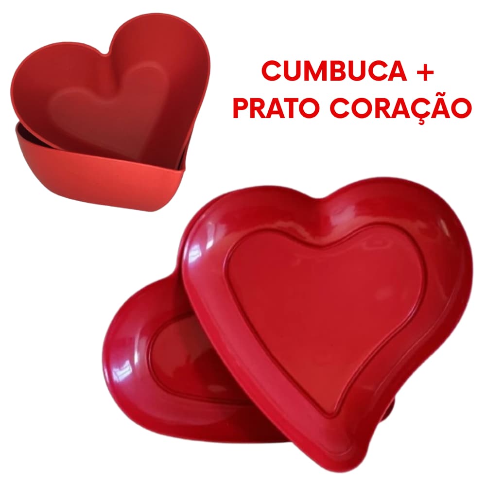 Kit 6 Peças 3 Pratos 3 Cumbucas Coração Vermelho Plástico Para Sobremesa Petisco Festa Romântica