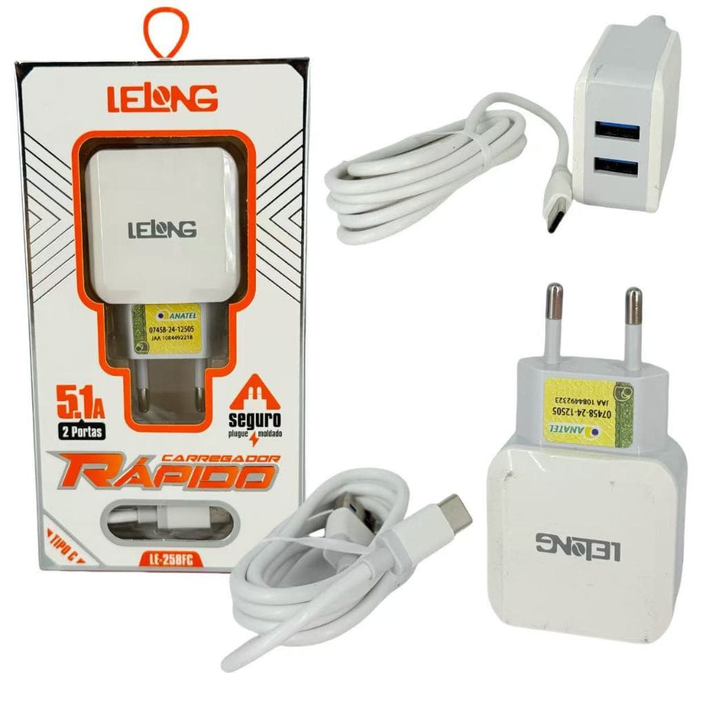 Kit Carregador Para Celular TIPO C Rápido 5.1A  2 USB - Carregador Androide Tipo C Com Anatel