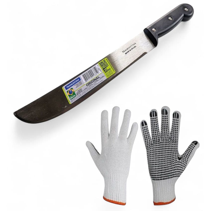 Facão Tramontina 12" polegadas mato galho cana jardinagem + luvas para as mãos