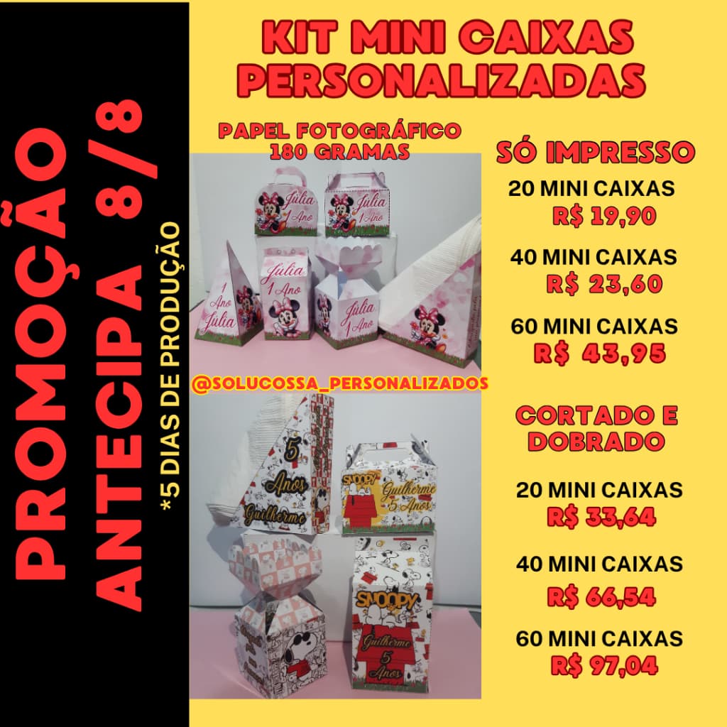 Kit de 60 Mini Caixas Personalizadas Miney com 6 Opções Diferentes Adiciono Nome Faço Todos os Temas