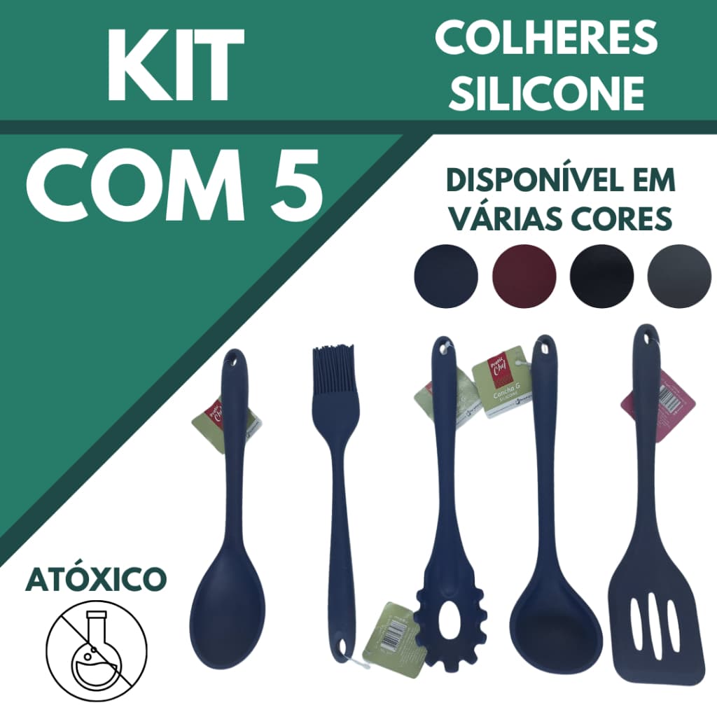 Colher Silicone Kit Com 5 Vários Modelo Paramount Plásticos Resistente Não Arranha Panela Premium