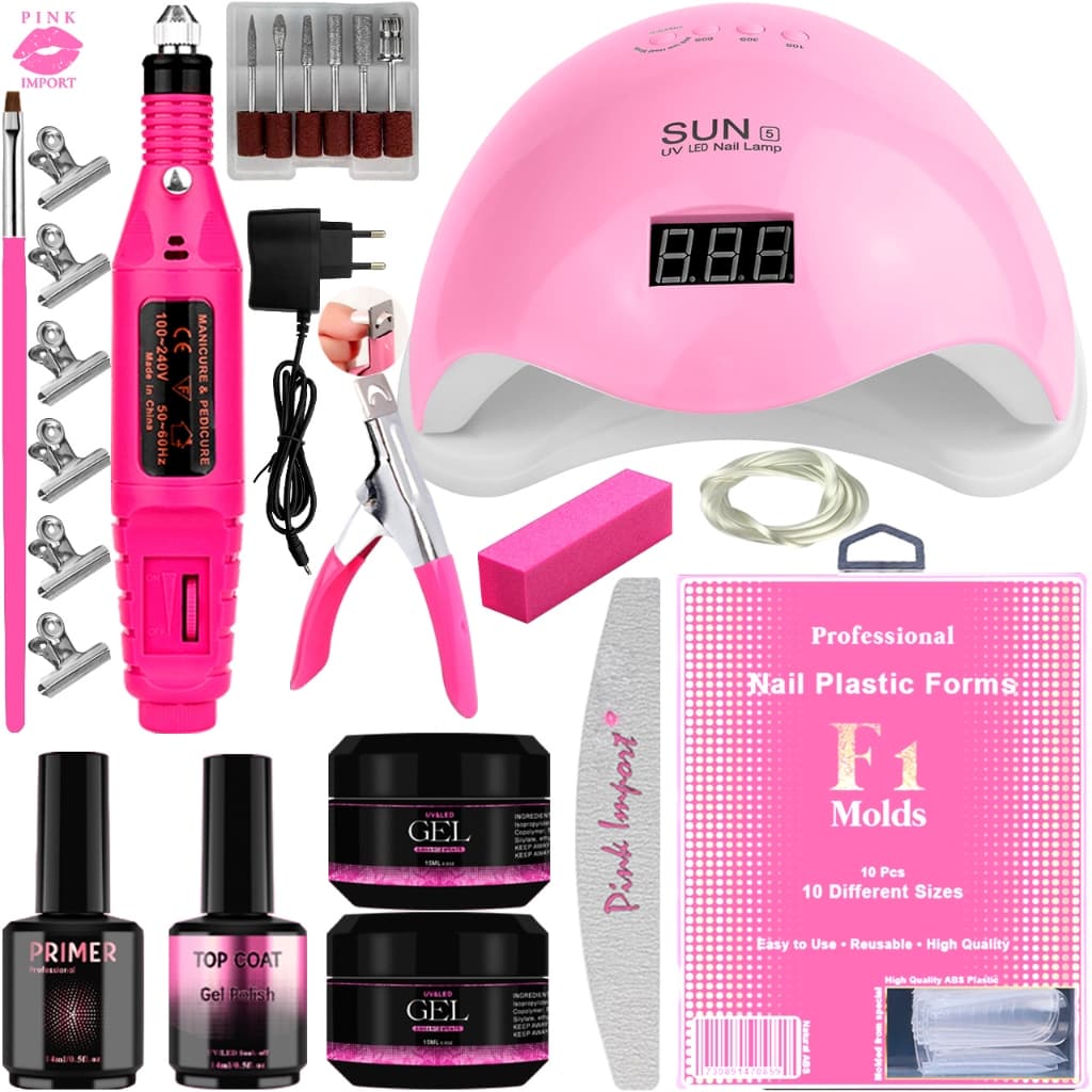 Kit Manicure Alongamento para Unhas Gel UV Acrigel Lixa Lixadeira Elétrica Caneta Cabine Estufa Sun 5 48w 24 LEDs