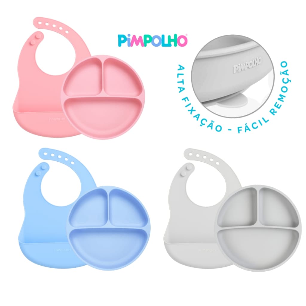 Prato com Divisória de Silicone com Ventosa + Babador Infantil Kit Introdução Alimentar Bebê