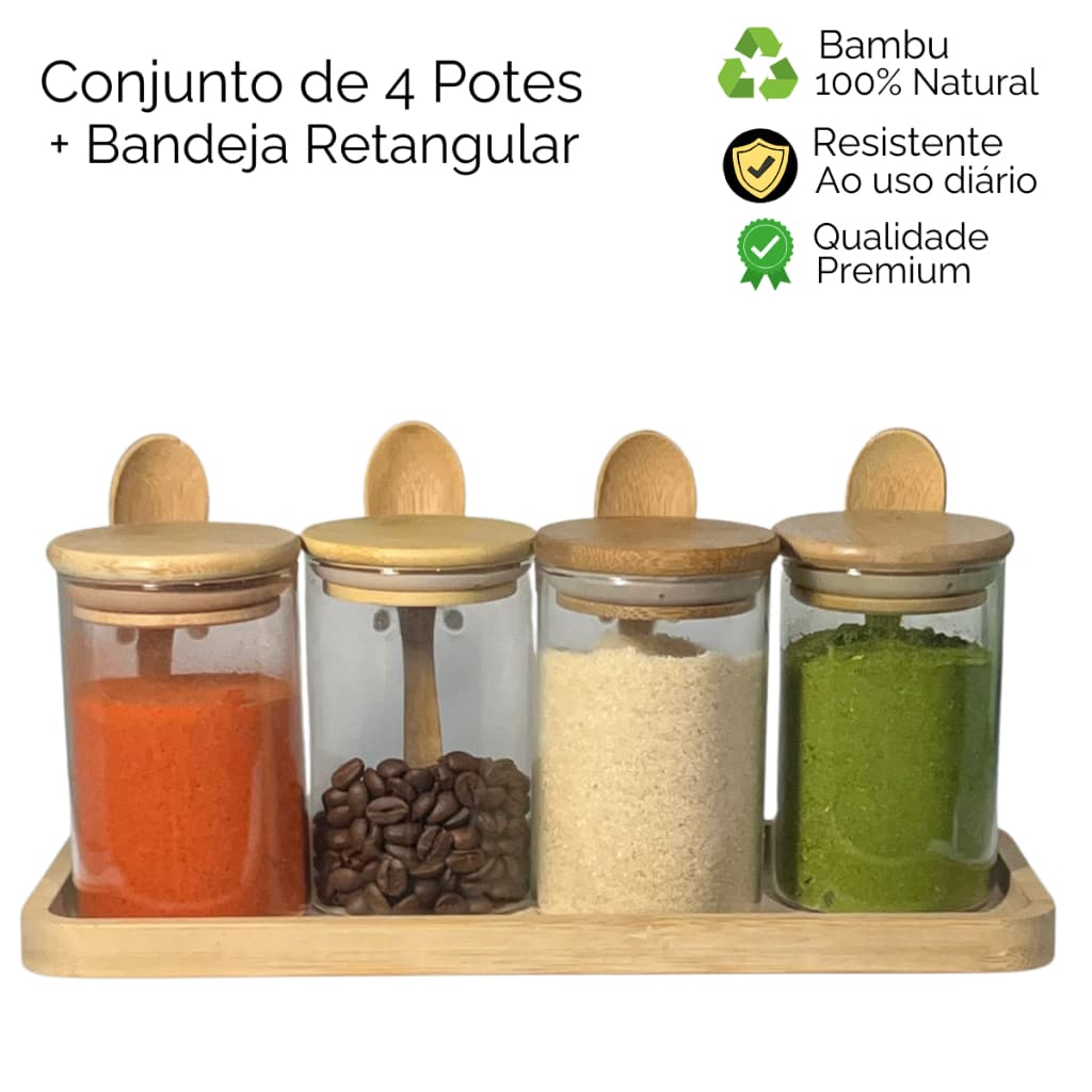Jogo 4 Potes de Vidro 250ml - Porta TemperoTampa e Colher de Bambu + Bandeja Retangular