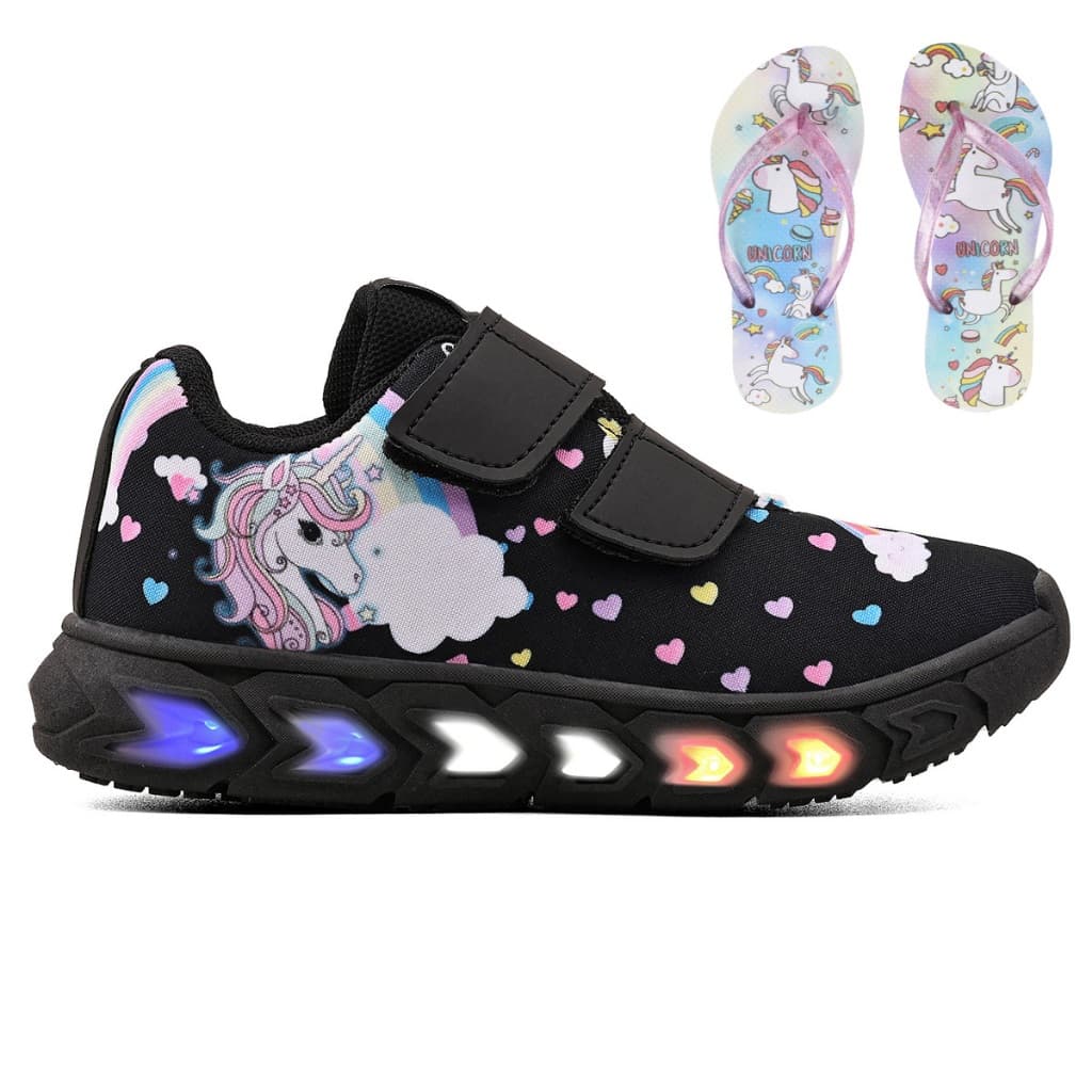 Tênis Infantil Feminino de Led Unicornio Menina Preto Tira Colante com Chinelo Elis Magazine