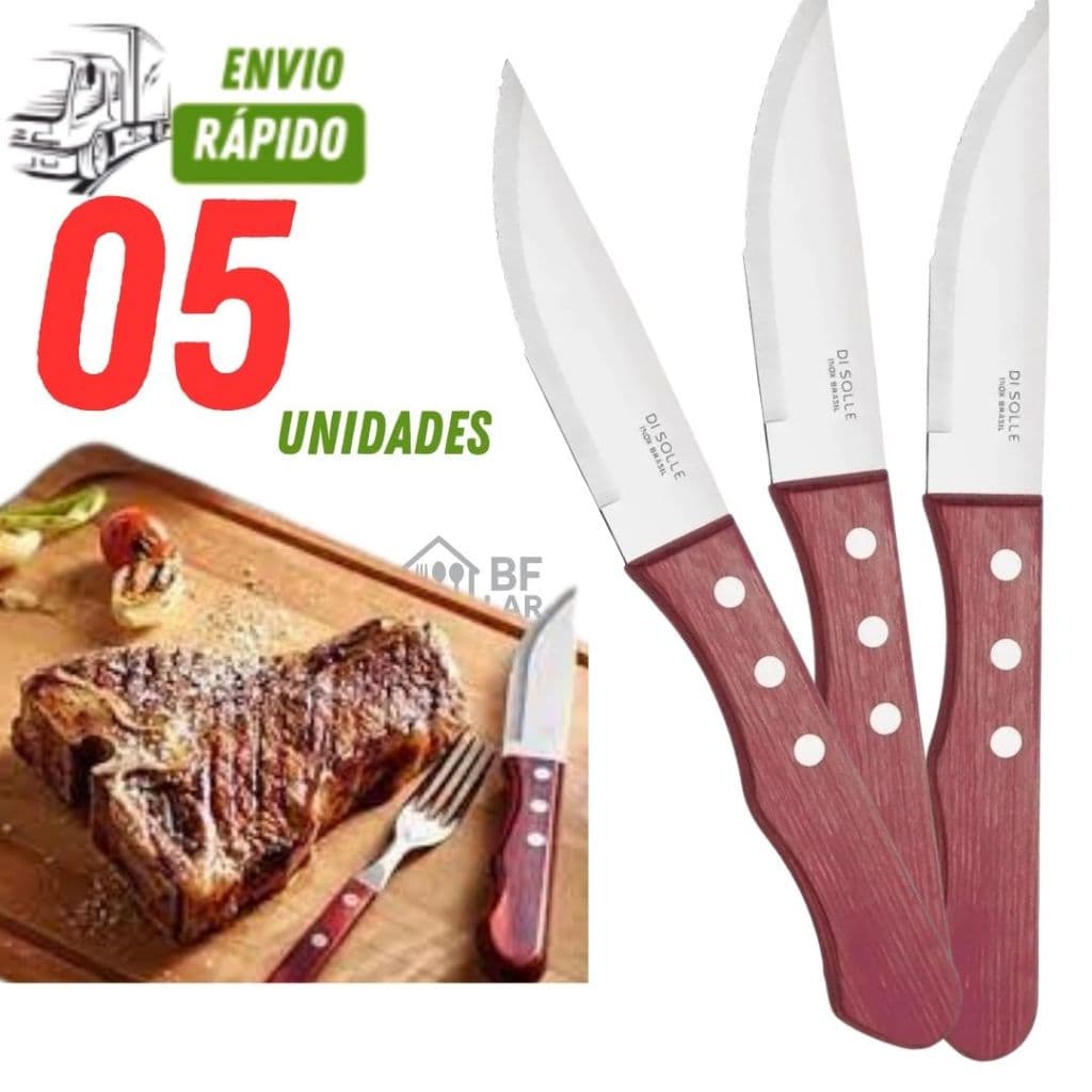 Kit 05/03 ou 02 Faca Cabo Madeira Linha Classic Estilo Outback Faca Jumbo Grande Inox e Cabo Madeira