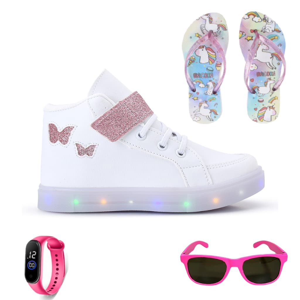 Kit Botinha Feminino Infantil Tenis De Led Borboleta Glitter Branca + Chinelo + Óculos + Relógio