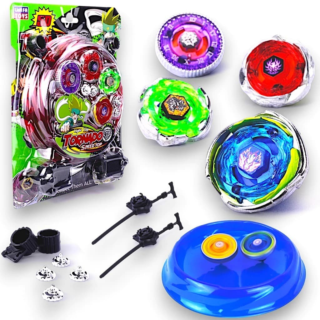 Kit 2/4 Pião de Batalha Metal Com Led 5D + 2 Lançadores + Arena Para Combate + Ponteiras Brinquedo