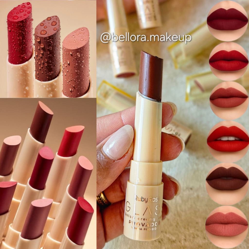 Batom Creamy Matte Glass Ruby Rose – Gruda na Boca, Sem Transferência | Lábios Hidratados | 3g