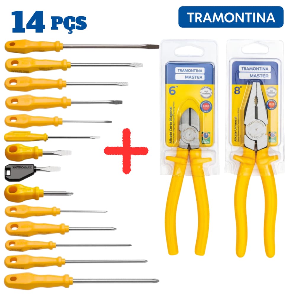 Kit Jogo De Chaves 16 Peças + Alicate Universal 8" + Alicate De Corte Diagonal 6" Tramontina Conjunto De Ferramentas