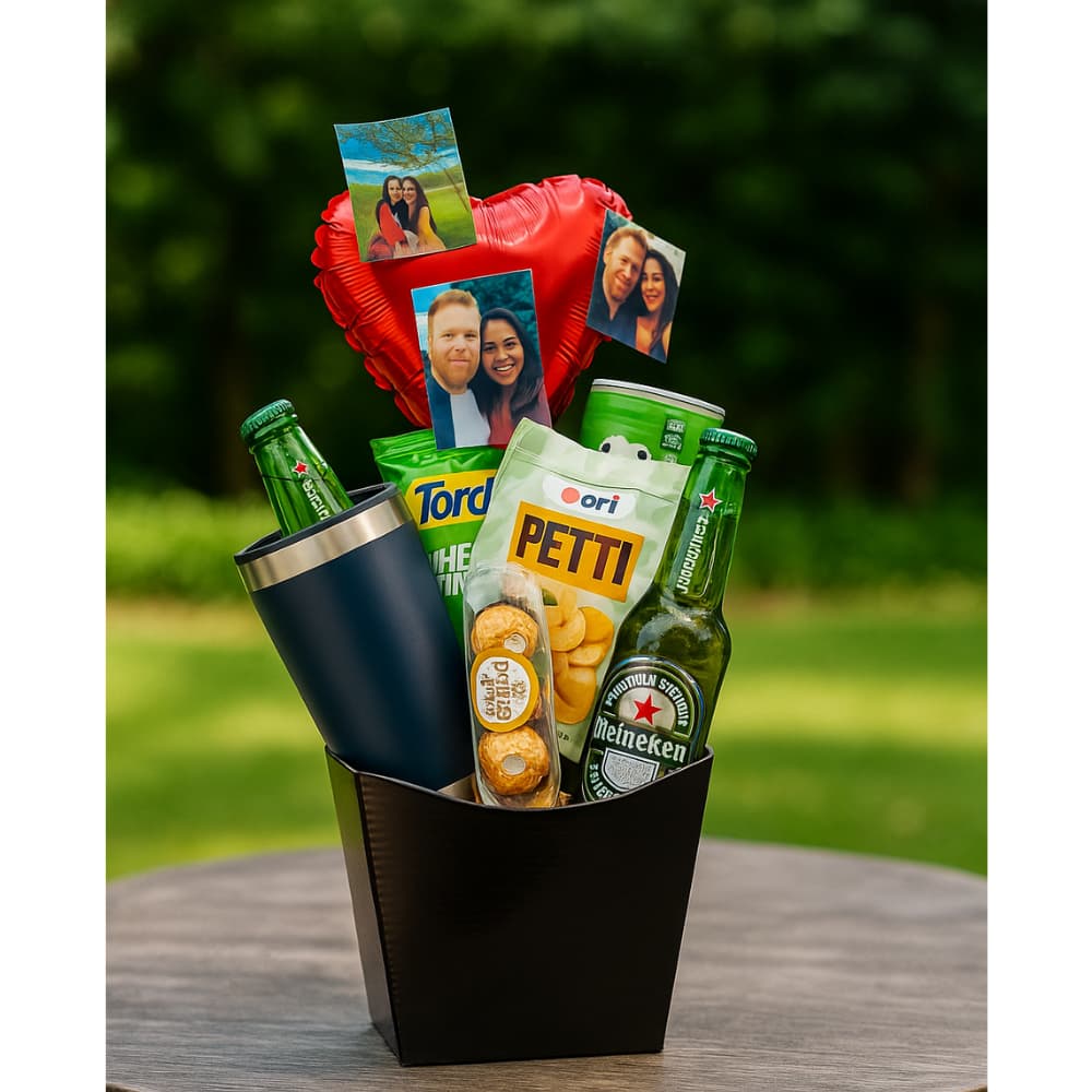 Cesta Bebidas Petiscos Chocolate Copo Térmico Presente Balão Presente Dia Pai Namorado