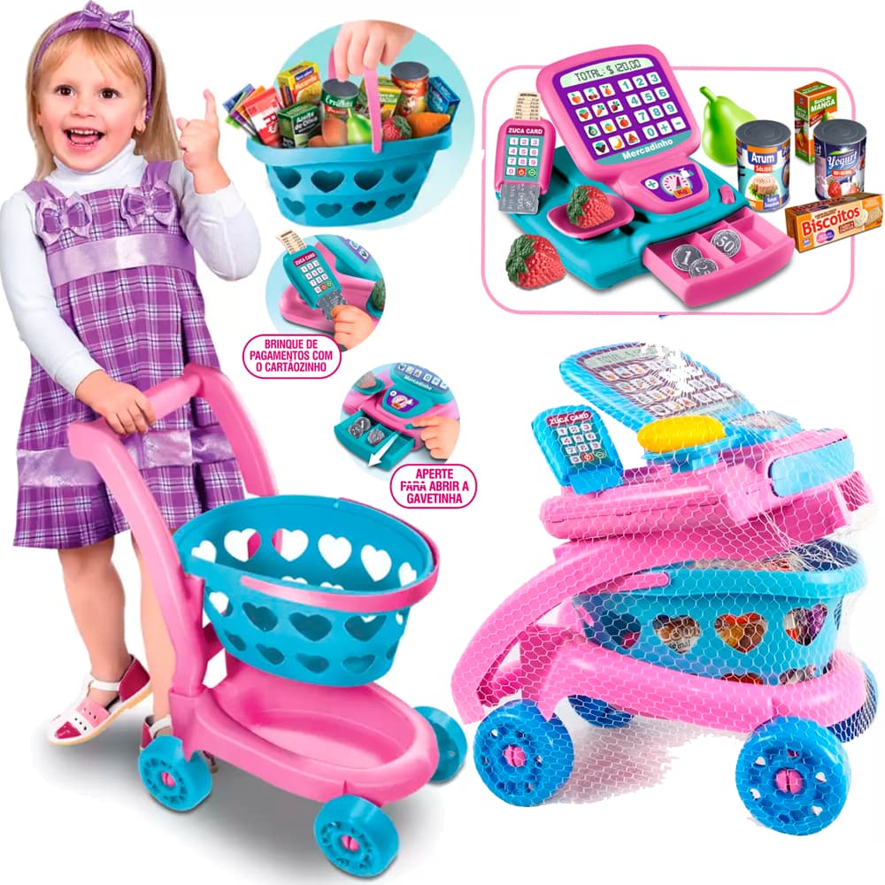 Carrinho de Passeio Bebe Conforto Mercado Limpeza brinquedo de menina faz de conta rosa Zucatoys