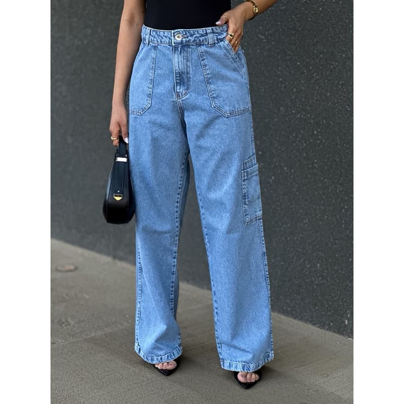 ZOEYA MODERN CHIC Calça cargo Jeans wide leg pantalona Feminina 176