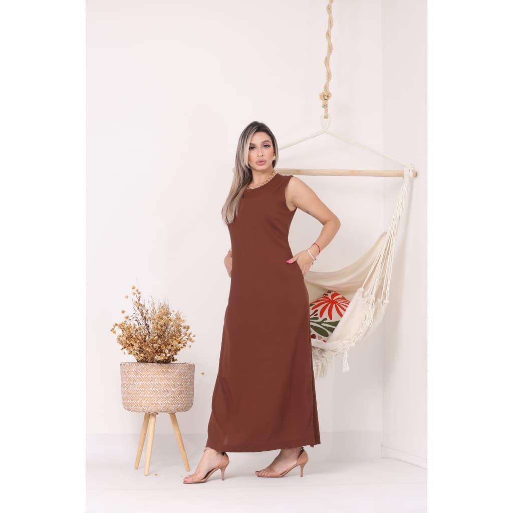 Vestido Linho Plus Size Midi Bolso Fendas Laterais Evangélico Casual Alça Larga